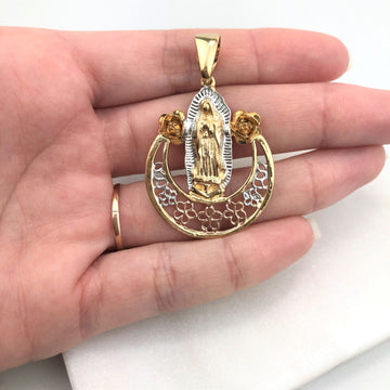 18K Gold Layered Oro Laminado Tri-Tone Our Lady of Guadalupe With Flower Religious Pendant 31.0024